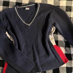 Tommy Hilfiger Navy V-Neck Sweater with Cream & Red Panels